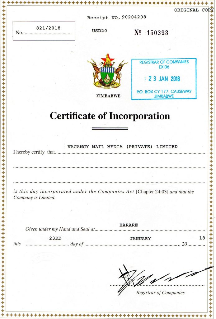 vacancy mail certificate incorporation 